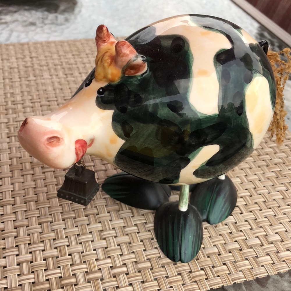 Vintage, large cow”Bull”figurine. Springs, movable. Whimsical. Colorful. EUC